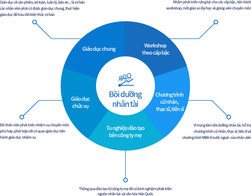 Workshop theo cấp bậc | Chương trình cử nhân, thạc sĩ, tiến sĩ | Tu nghiệp đào tạo bên công ty mẹ | Giáo dục chức vụ | Giáo dục chung
